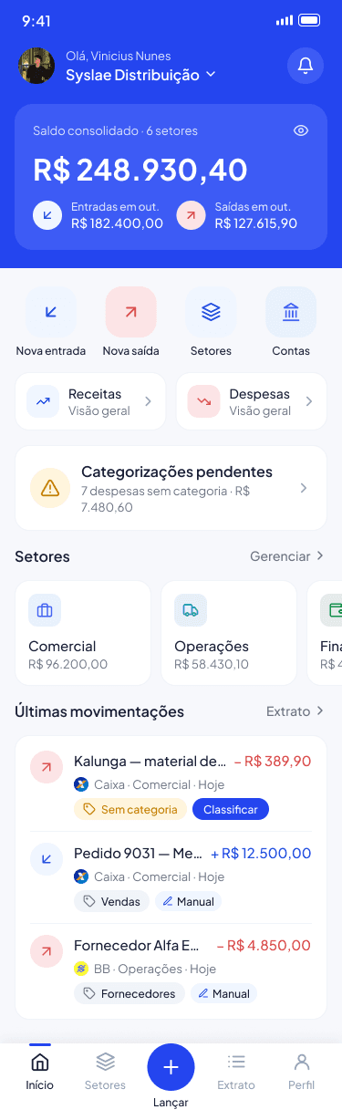Tela inicial do app OrbeFinance com saldo consolidado, atalhos e últimas movimentações